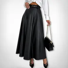 Saia Longa Midi Couro Ecologico Feminina Cintura Alta Moda