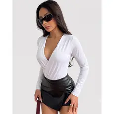 Body Blusa Feminina Manga Longa Transpassado Decote Cruzado Blogueira