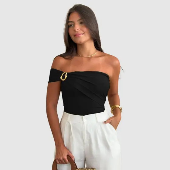 Body Feminino Elegante Moda Verão Suplex Manga Nula Com Fivela Orgânica