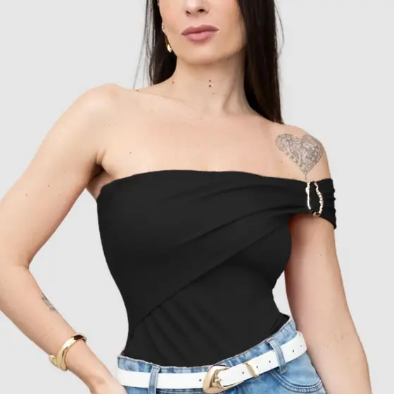 Body Moda Gringa Feminina Ombro Só Suplex Fivela Dourada Tendência Verão 2026