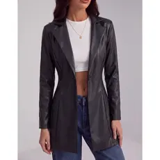 Blazer Longo Feminino Couro Sintético Longo Em Gola Virada Tendência Outono