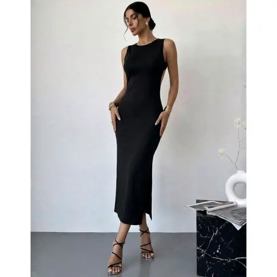 Vestido Midi Feminino Justo Sem Manga Costas Abertas Elegante Básico Casual