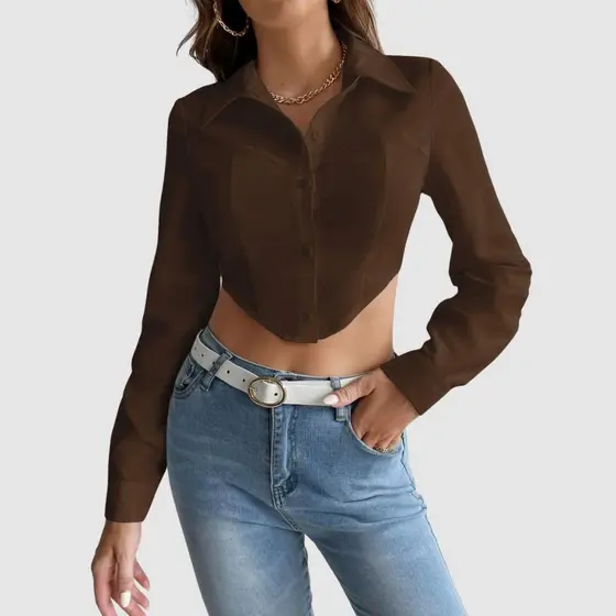 Camisa Cropped Feminina Manga Longa Justa Moderna Moda Casual Social