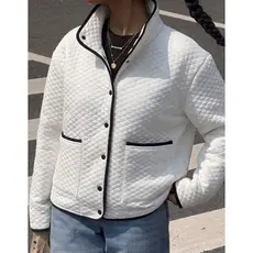 Jaqueta Feminina Matelassê Gola Alta Casaco Botões Bolsos Frontais Elegante Inverno