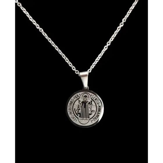 Corrente Aço Inox  com pingente Medalha São Bento 50 Cm