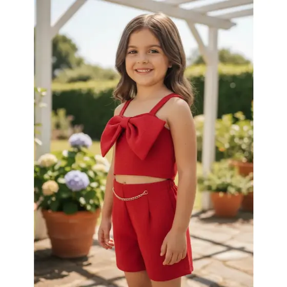 Conjunto infantil menina linho laço premium blogueirinha