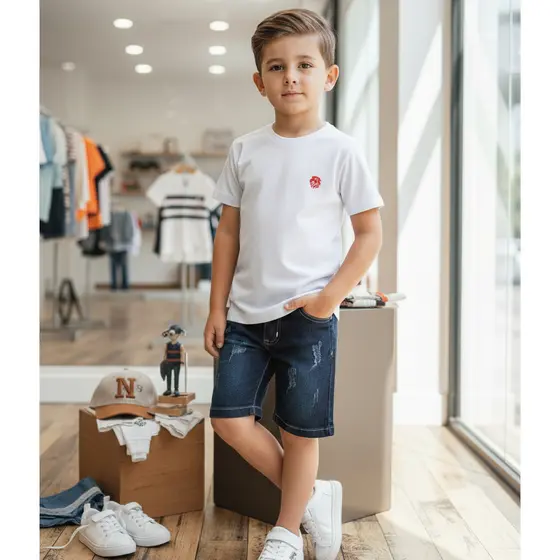Conjunto Infantil Menino Camiseta com Short Bermuda Jeans Lycra Elastano