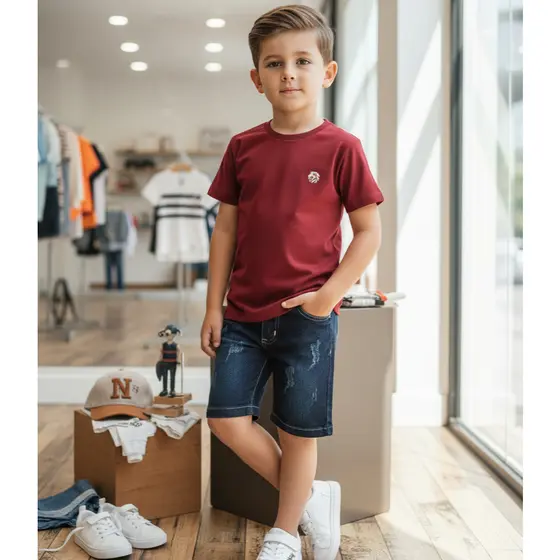 Kit Conjunto Menino Infantil Camiseta Gola Careca Bermuda Short Jeans Lycra