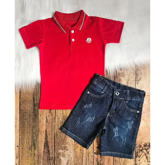 Conjunto Menino Infantil Juvenil Bermuda Jeans com Lycra e Camiseta Gola Polo