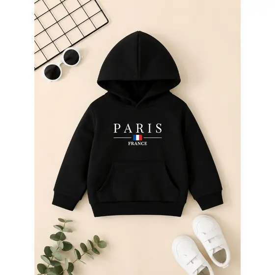 Moletom Infantil Peluciado Paris France Preto Com Capuz