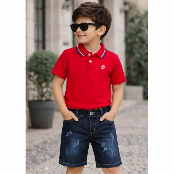 Conjunto Infantil Menino Verão Camisa Polo + Short Bermuda Jeans Com Lycra Confortável
