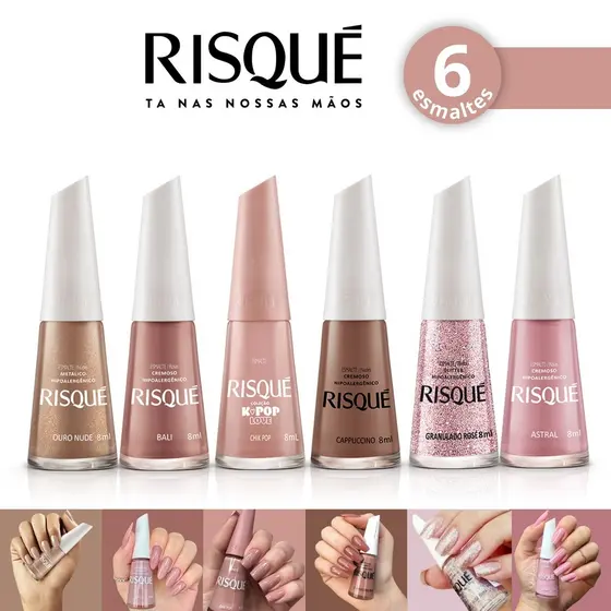 Kit 6 Esmalte Risqué Cremoso Tons Rosas e Marrom nude Esmaltes Atacado