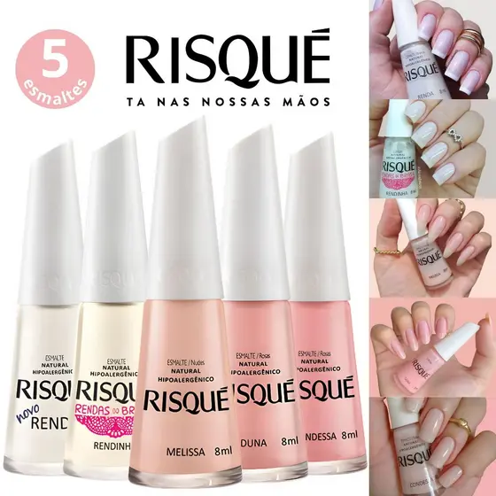 Kit Esmaltes Risqué 5 Cores Tons Nudes Rosa Esmalte Atacado
