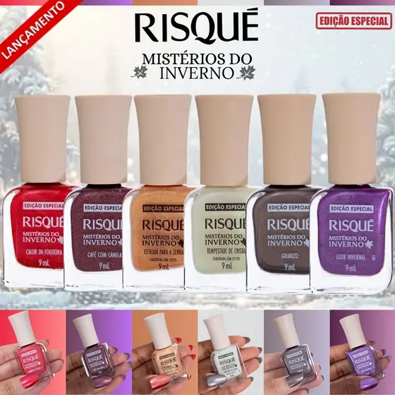 Kit Esmaltes Risqué Mistérios do Inverno Coleção Especial Lançamento 9ml 4 Esmaltes + 2 Coberturas com Efeito