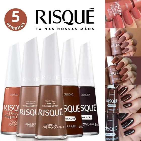 Kit 5 Esmaltes Risqué Cremoso Tons Marrom e Nude Esmaltes Atacado