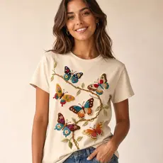 Camiseta Feminina T-shirt Feminina Borboletas Estampada Academia Desenho 3D Borboleta Florais Algodão