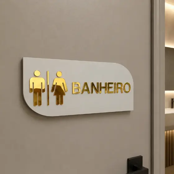 Placa Identificação de Porta, Banheiro Em MDF BRANCO com ACRILICO espelhado.
