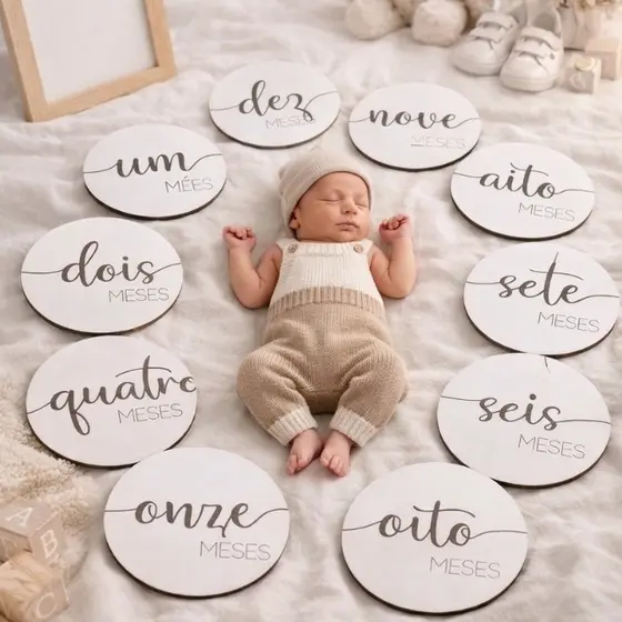 Kit 12 Plaquinhas Mêsversário Bebê em MDF – Aniversário Mensal para Fotos e Decoração