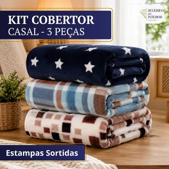 Kit 3 Cobertor Casal Microfibra Soft Toque Aveludado Macio Estampas Sortidas