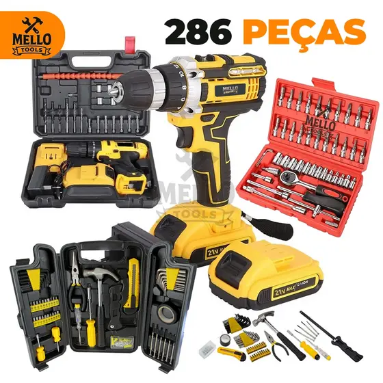 Jogo Kit Ferramentas 286 Peças com Parafusadeira/Furadeira 48V Sem Fio + Jogo de Soquete e Maleta Completa Profissional