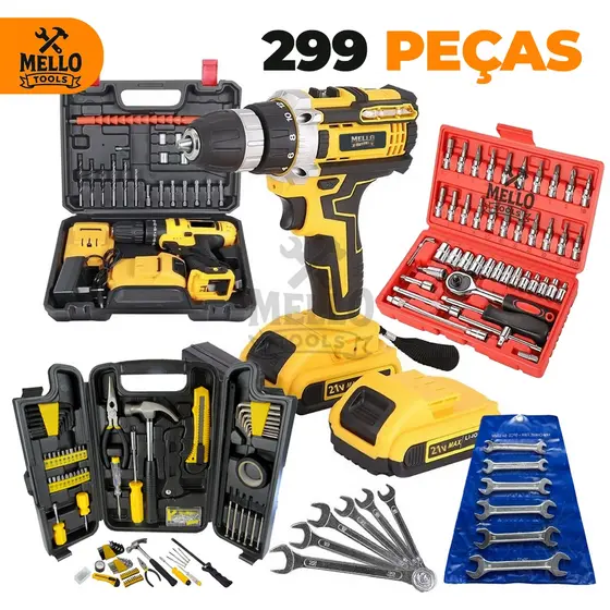 Jogo Kit Ferramentas 299 Peças com Parafusadeira/Furadeira 48V Sem Fio + Jogo de Soquete e Jogo de chave Fixa
