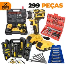 Jogo Kit Ferramentas 299 Peças com Parafusadeira/Furadeira 21V Sem Fio + Jogo de Soquete e Jogo de chave Fixa