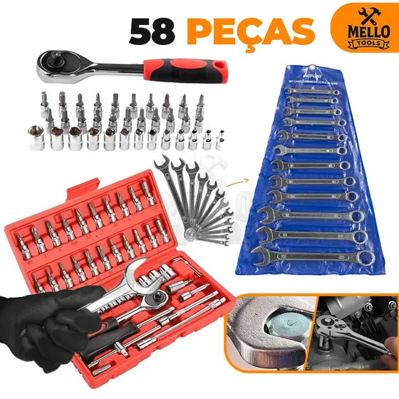 Jogo Kit Ferramentas 58 Peças Completo com Soquetes, Catraca, Bits e Chaves Combinadas – Jogo Profissional