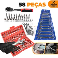 Jogo Kit Ferramentas 58 Peças Completo com Soquetes, Catraca, Bits e Chaves Combinadas – Jogo Profissional