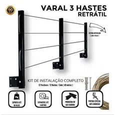 Varal De Roupa Retrátil Parede Muro Apartamento Casa 3 hastes Até 8 metros + kit de montagem