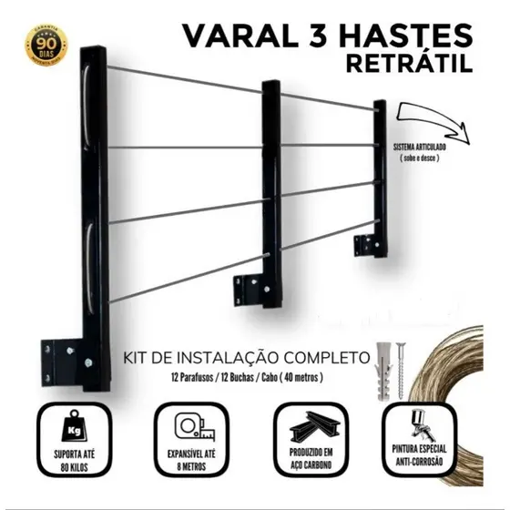 Varal De Roupa Reforçado 80 Kg Dobrável 3 Hastes Preto