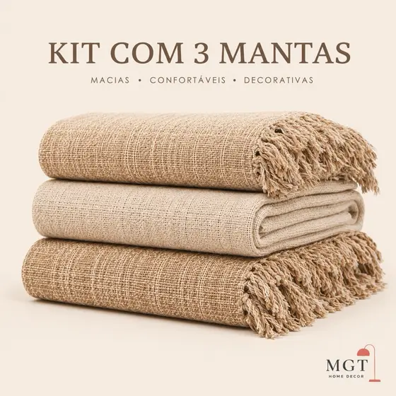 KIT 3 MANTAS PARA SOFÁ E CAMA DECORATIVA COM FRANJAS | PESEIRA SALA E QUARTO | 2,10x1,20M
