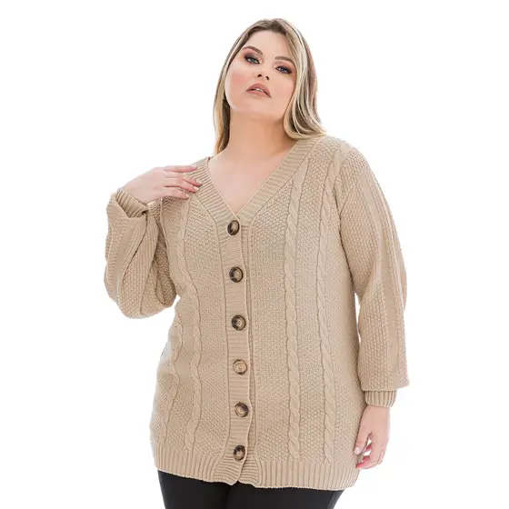 Casaco Blusa De Frio com Botões Trançado  Tricot Plus Size Inverno Básico - 011