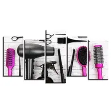 Kit 5 Peças Quadro Decorativo Salão de Beleza Secador Prancha Escova Tesoura
