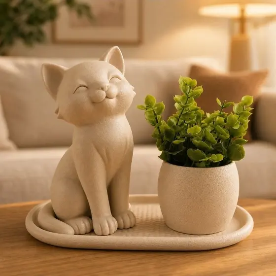Kit Decorativo Gato Moderno Bandeja Vaso Enfeite Premium