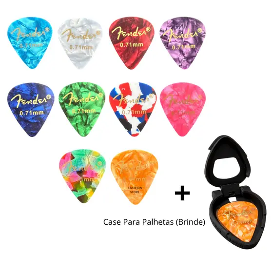 Kit Com 10 Palhetas Fender 0,71mm Para Violão Guitarra Ukulele Cavaco Baixo + Case Capinha Chaveiro P/ Guardar Palhetas