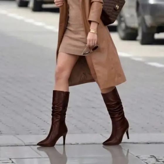 Bota Feminina Slouchy Bico Salto Fino Cano Enrugado Longo