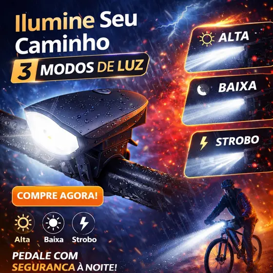 Farol De Bike Lanterna Led Com Buzina Som Alto Recarregável Bicicleta A Prova D´agua Potente R-52