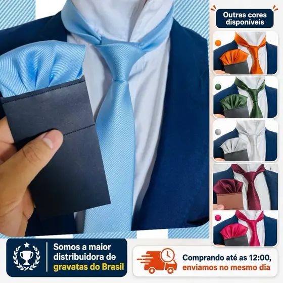 kit Gravata com Lenço Slim Azul Serenity Casamento