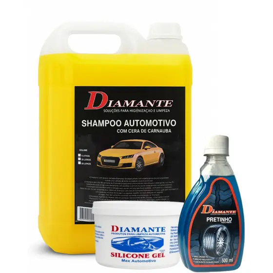 Kit Shampoo Automotivo 5 litros + Silicone em gel 600g + Pretinho Automotivo 500ml