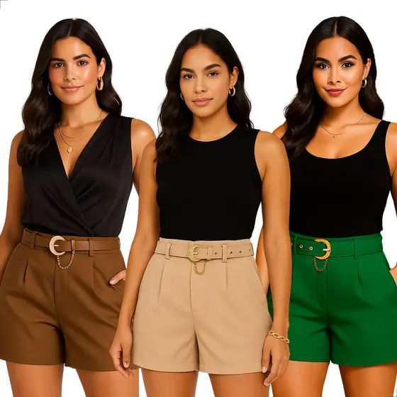Kit Com 3 Shorts De Alfaiataria Premium Social Com Cinto