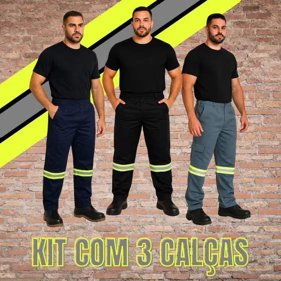 Kit 3 Calças De Uniforme Brim Profissional Faixa Refletiva