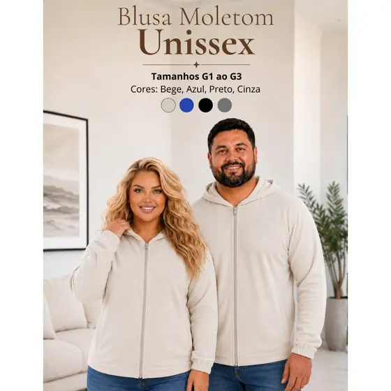 Blusa Moletom Plus Size Unissex Inverno Com Capuz Zíper Bolsos Laterais