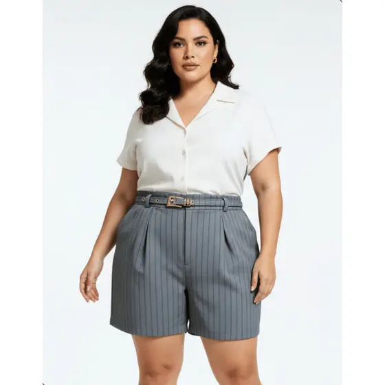Shorts Alfaiataria Premium Feminino Risca de Giz com Cinto Bolso Frontal Cintura Alta