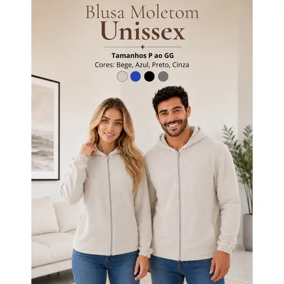 Blusa Moletom Unissex Capuz Frio Inverno Com Zíper Bolsos Laterais