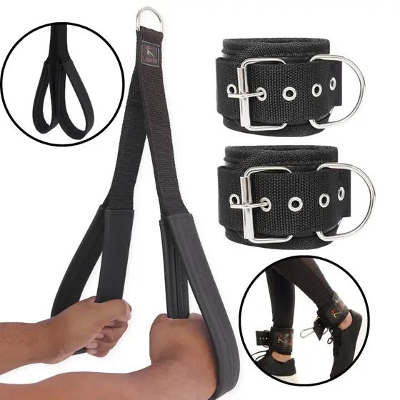 Kit Puxador Tríceps Corda Profissional/Par Caneleira Polia Crossover Tornozeleira Glúteo Academia