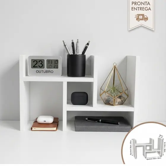 Par de Prateleira Nicho Organizador Ajustável de Mesa Livros Home Office Escritório Branco e Natural