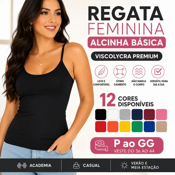 Regata Feminina Alcinha Básica Viscolycra Lisa Blusinha Academia Casual P ao GG 12 Cores