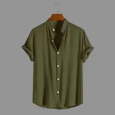 Camisa Social Masculina Manga Curta Gola Padre Aspecto de Linho - Cores Variadas - Confortável
