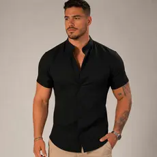 Camisa Social Masculina Gola Padre Manga Curta Slim Fit