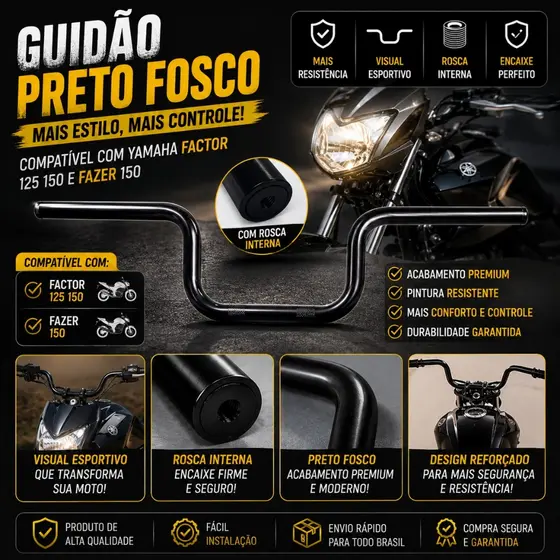 Guidão Moto Factor 125 150 Fazer 150 Preto Fosco Yamaha Com Rosca Interna Original